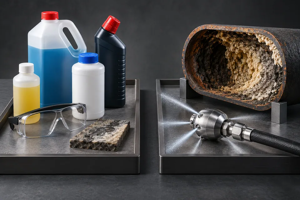 Conceptual illustration of chemical products and mechanical cleaning