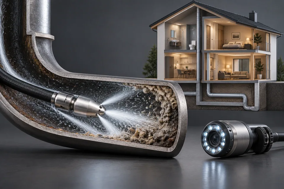 Conceptual illustration of sewer jetting equipment and pipe condition
